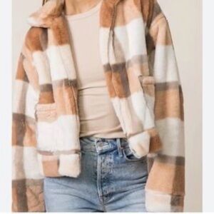 Style Rack Checkered Teddy Jacket in Cream and Brown